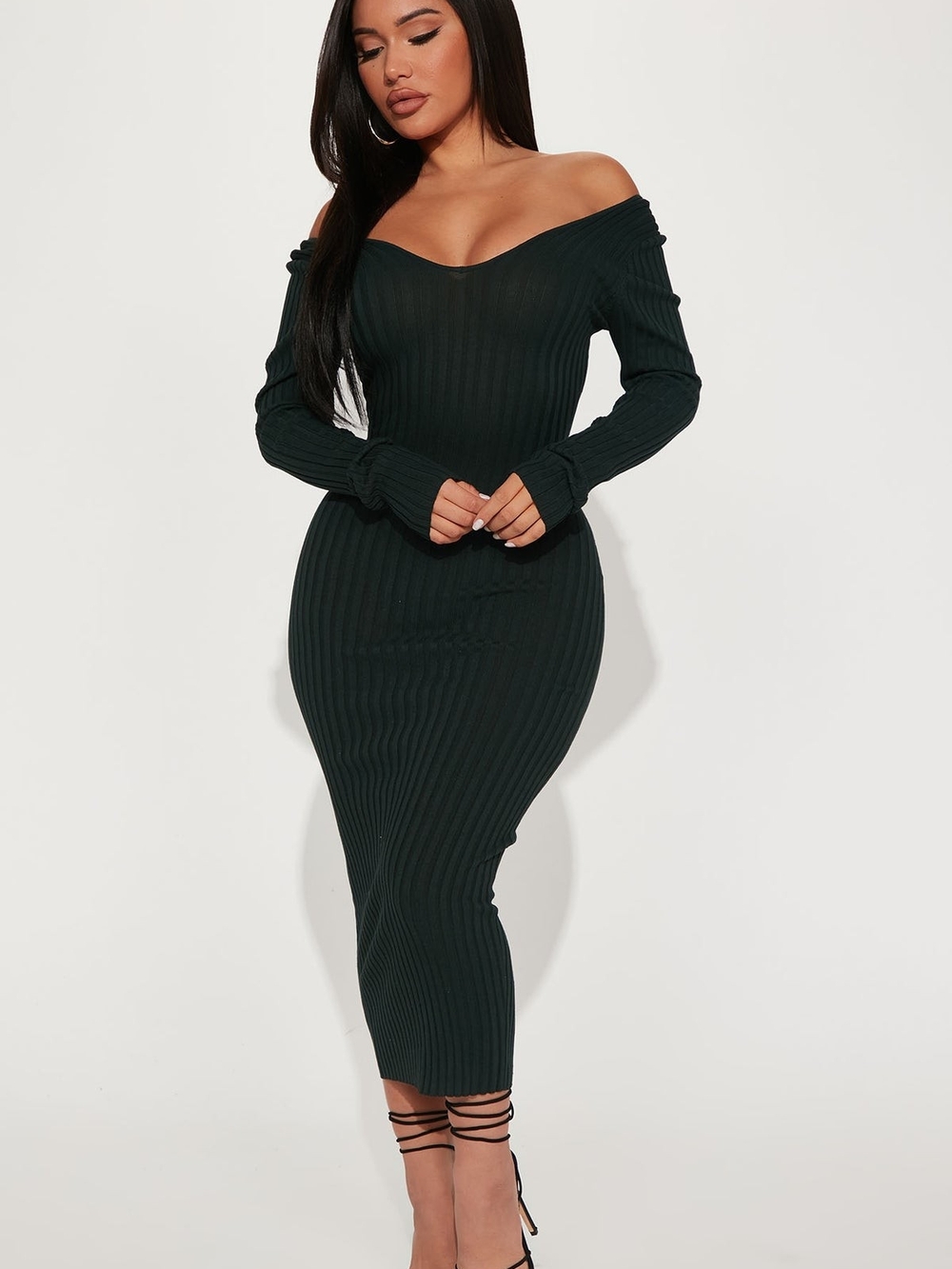 Fashion Nova KALLAN Off-Shoulder Ribbed Hunter Green Midi Dress SZ LG